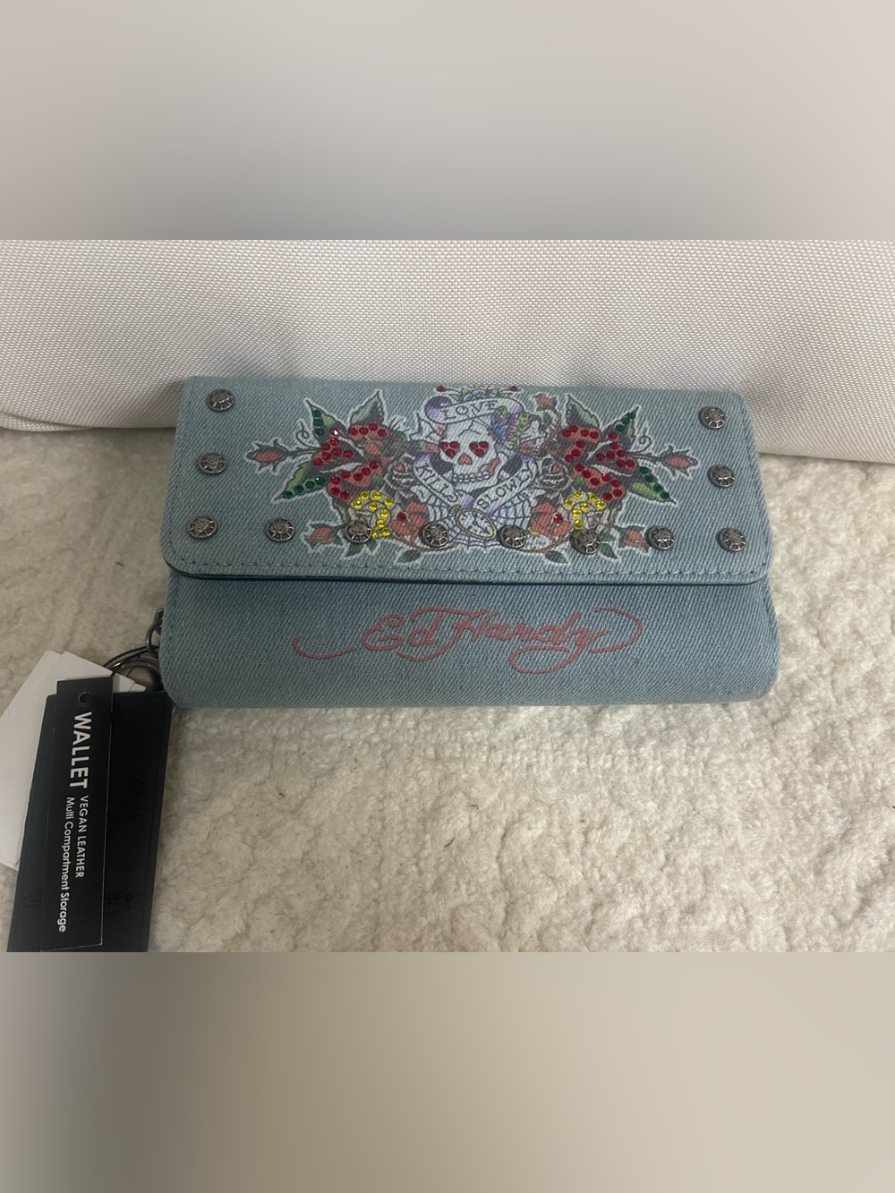 Ed Hardy Wallet Demin Rhinestone Love Kills Slowly Studded ID & Cardholder NWT